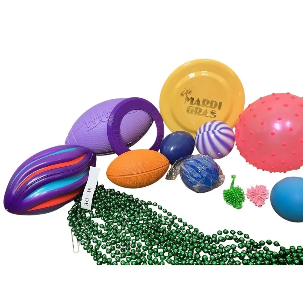 Mardi Gras Parade Throw Party Favor Bundle Beads Footballs Frisbee Balls Lot